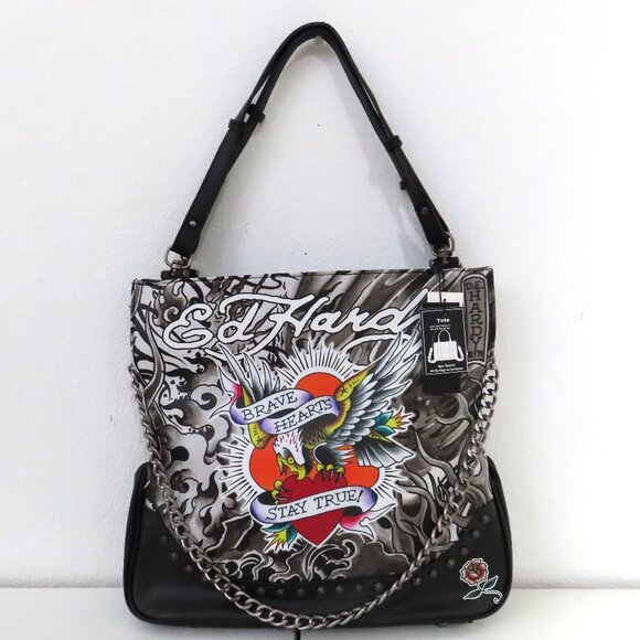 Ed Hardy Black Red Graphic Large Satchel Tote logo skull stud eagle - Picture 1 of 9
